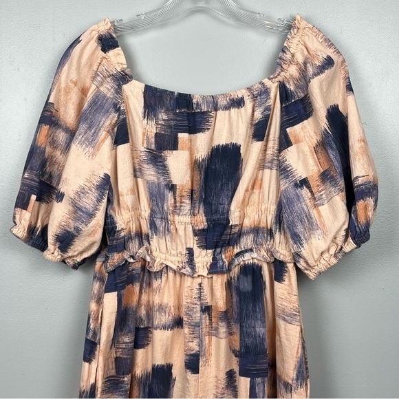 Universal Thread 100% cotton puff sleeve peach & blue midi dress, small. - Picture 5 of 10